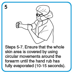 Steps 5-7. Ensure that the whole skin area is covered by using circular movements around the forearm until the hand rub has fully evaporated (10-15 seconds).