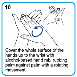 Cover the whole surface of the hands up to the wrist with alcohol-based hand rub, rubbing palm against palm with a rotating movement.