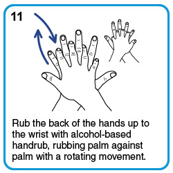 Rub the back of the hands up to the wrist with alcohol-based handrub, rubbing palm against palm with a rotating movement.