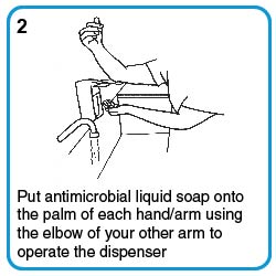 Put antimicrobial liquid soap onto the palm of each hand
