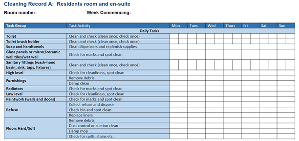 This is an image of cleaning record A: residents room and ensuite.  The original can be found in the HFS Care Homes cleaning specification.